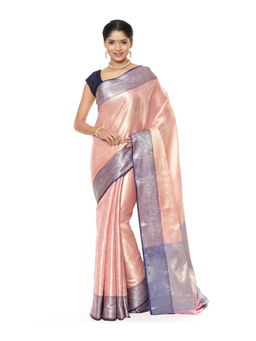 Banarasi Silk Works - Pink Kanchi Silk Zari Jamawar Border Saree with Unstitched Blouse