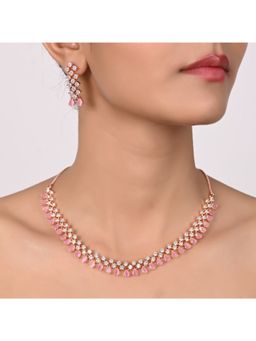 Ratnavali Jewels - Rose Gold Plated CZ AD Studded Pink Drop Necklace Jewellery Set with Earrings