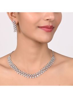 Ratnavali Jewels - Silver Plated CZ AD Studded White Delicate Drop Necklace Set with Earrings