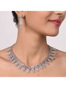 Ratnavali Jewels - Silver Plated CZ AD Studded White Drop Necklace Jewellery Set with Earrings