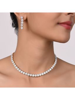 Ratnavali Jewels - Gold Plated CZ AD Studded White Single Line Necklace Jewellery Set with Earrings