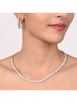 Ratnavali Jewels - Rose Gold Plated CZ AD Studded White Single Line Necklace Set with Earrings