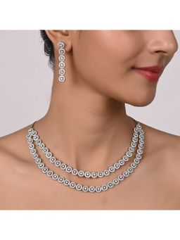 Ratnavali Jewels - Silver Plated CZ AD Studded White Dual Layer Necklace Jewellery Set with Earrings