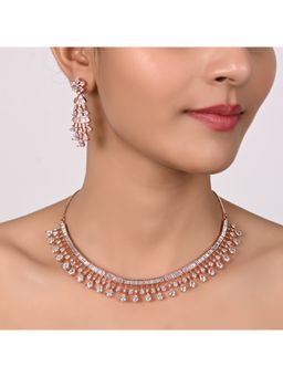 Ratnavali Jewels - Rose Gold Plated CZ AD Studded Baguette Necklace Jewellery Set with Earrings