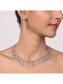 Ratnavali Jewels - Silver Plated CZ AD Studded White Delicate Drop Necklace Set with Earrings