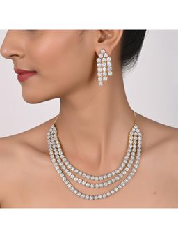 Ratnavali Jewels - Gold Plated CZ AD Studded White Triple layer Necklace Jewellery Set with Earrings