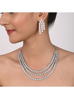 Ratnavali Jewels - Silver Plated CZ AD Studded White Triple layer Necklace Set with Earrings