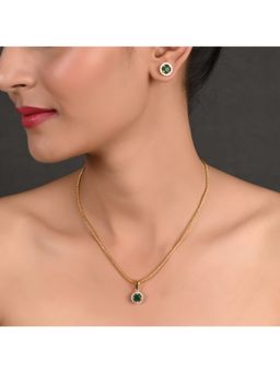 Ratnavali Jewels - Gold Plated AD Studded Round Green Solitaire Pendant with earrings and Chain