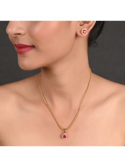 Ratnavali Jewels - Gold Plated AD Studded Round Red Solitaire Pendant with earrings and Chain