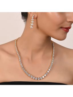 Ratnavali Jewels - Gold Plated CZ AD Studded White Solitaire Single Line Jewellery Set with Earrings