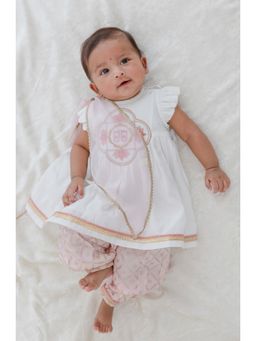 TIBER TABER - Girls Girl White Lotus Embroidery Kurti & Salwar with Dupatta