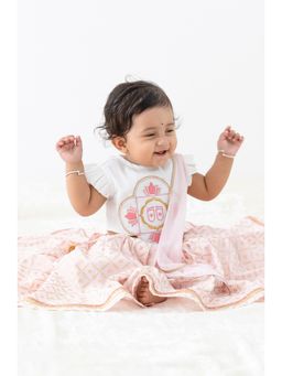 TIBER TABER - Girls Lotus White Embroidery Lehenga Choli & Dupatta