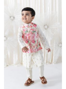 TIBER TABER - Boys Cream Viscose Printed Kurta with Pant and Jacket
