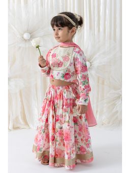 TIBER TABER - Girls Cream Viscose Printed Blouse with Lehenga and Dupatta