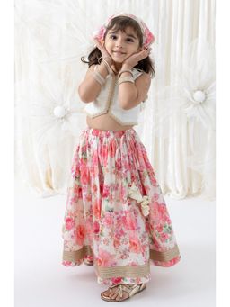 TIBER TABER - Girls Cream Viscose Printed Blouse with Lehenga