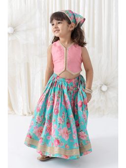 TIBER TABER - Girls Pink Viscose Printed Blouse with Lehenga
