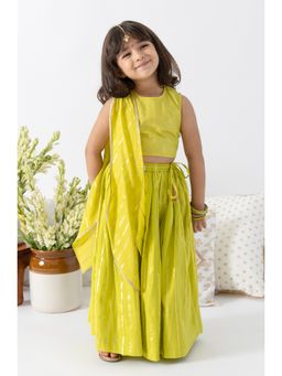TIBER TABER - Girls Green Cotton Printed Blouse with Lehenga and Dupatta