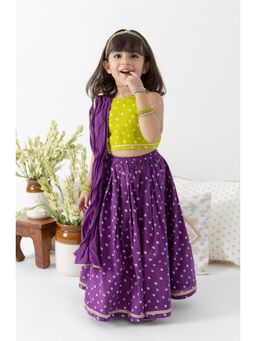 TIBER TABER - Girls Green Cotton Printed Blouse with Lehenga and Dupatta