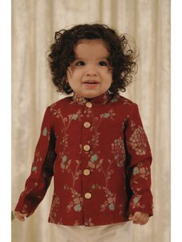 TIBER TABER - Boys Maroon Floral Jacquard Bandhgala