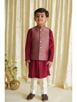 TIBER TABER - Maroon Brocade Kurta with Pant & Nehru Jacket