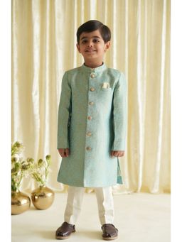 TIBER TABER - Blue Brocade Kurta, Pant with Sherwani & Pocket Square