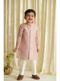 TIBER TABER - Pink Brocade Kurta, Pant with Sherwani & Pocket Square