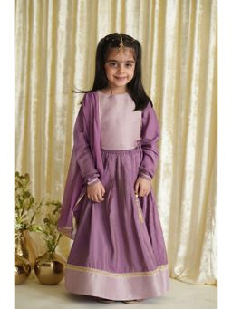TIBER TABER - Girl Purple Brocade Lehenga with Blouse & Dupatta