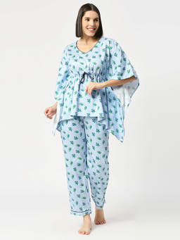 Pyjama Party - Blueberry Kaftan Pure Cotton Shirt with Pyjama in Kaftan Style (Set of 2)