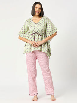 Pyjama Party - Green/Pink Paradise Kaftan Pure Cotton Shirt with Pyjama in Kaftan Style (Set of 2)