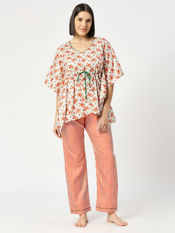 Pyjama Party - Pretty Petals Kaftan Pure Cotton Shirt with Pyjama in Kaftan Style (Set of 2)