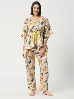 Pyjama Party - Yellow Blossom Satin Kaftan Luxury Printed Kaftan Shirt with Pyjama (Set of 2)