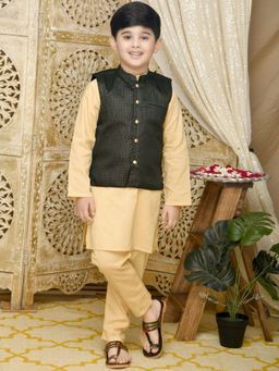 SAKA DESIGNS - Golden Cotton Kurta with Black Jacquard Jacket and Pyjama (Set of 3)