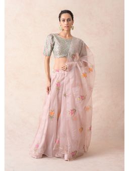 THETAA - Hand Embroidered Pink Organza Lehenga with Blouse and Dupatta