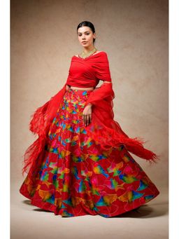 THETAA - Embroidered Red Lehenga with Drape Blouse and Feather Dupatta