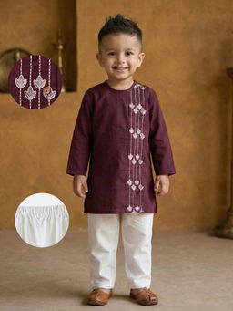 Desi Soota - Cotton Full Sleeves Maroon Embroidered Side Cut Kurta with Pyjama