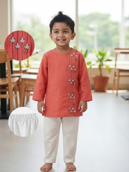 Desi Soota - Cotton Full Sleeves Peach Embroidered Side Cut Kurta with Pyjama