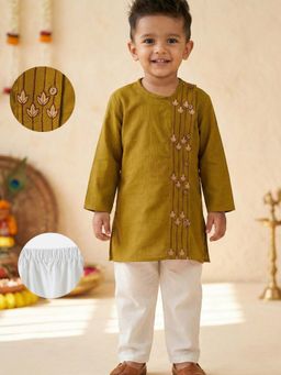 Desi Soota - Cotton Full Sleeves Mustard Embroidered Side Cut Kurta with Pyjama