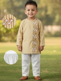 Desi Soota - Cotton Full Sleeves Beige Embroidered Side Cut Kurta with Pyjama