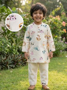 Desi Soota - Cotton Full Sleeves White Animal Safari Printed Kurta with Pyjama