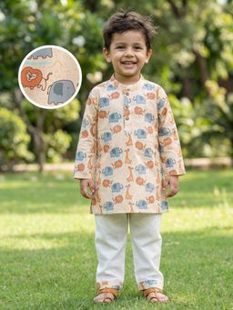 Desi Soota - Cotton Full Sleeves Yellow Lion Printed Kurta with Pyjama
