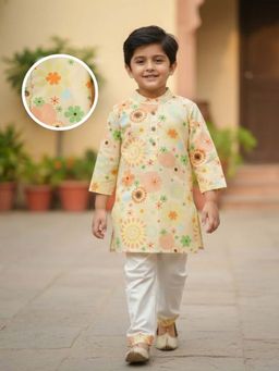 Desi Soota - Cotton Full Sleeves Yellow Flowers Printed Kurta with Pyjama