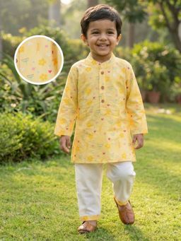Desi Soota - Cotton Full Sleeves Yellow Petals Printed Kurta with Pyjama