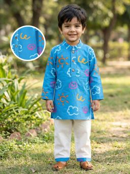 Desi Soota - Cotton Full Sleeves Blue Sun & Cloud Printed Kurta with Pyjama