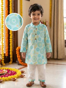 Desi Soota - Cotton Full Sleeves Turquoise Mandala Circles Printed Kurta with Pyjama