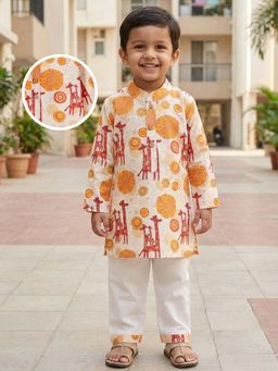 Desi Soota - Cotton Full Sleeves Cream Giraffe & Mandala Printed Kurta with Pyjama