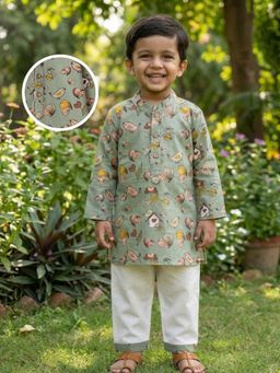Desi Soota - Cotton Full Sleeves Olive Butterfly Printed Kurta with Pyjama