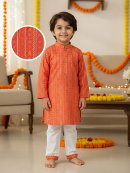 Desi Soota - Cotton Full Sleeves Orange Arrow & Strings Printed Kurta with Pyjama