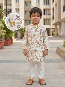 Desi Soota - Cotton Full Sleeves White Floral Giraffe Monkey Printed Kurta with Pyjama