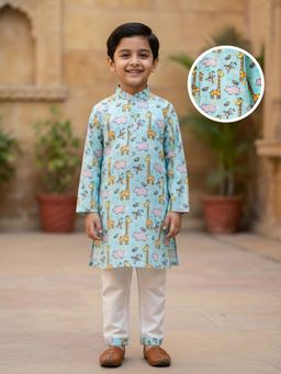 Desi Soota - Cotton Full Sleeves Teal Hippo Giraffe Printed Kurta with Pyjama