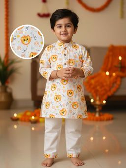 Desi Soota - Cotton Full Sleeves White Lion Faces Printed Kurta with Pyjama